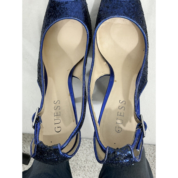 Womans Guess Blue Glitter Open Toe Platform Pumps 7 M - Picture 7 of 8